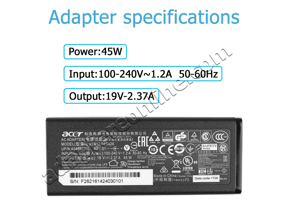 Original 45W Acer Aspire 3 A315-44P AC Adapter Oplader + Ladekabel