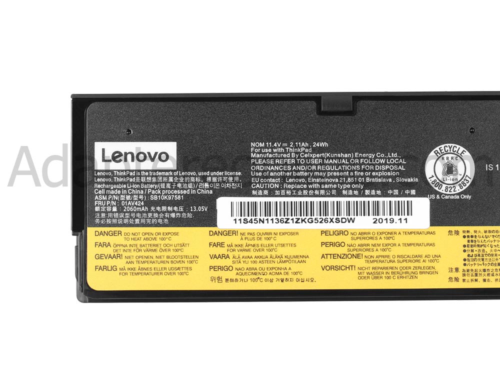 Original 24Wh 2100mAh 3-Celle Lenovo SB10K97582 Batteri